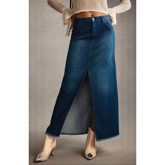 Pilcro women The Madi Front Slit Raw Hem Long Midi Denim Jean Skirt sze 12 Ombre - Picture 2 of 8